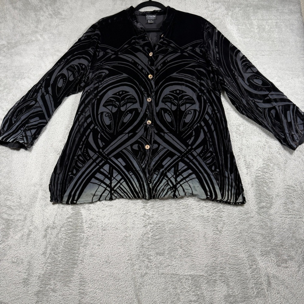 Citron Santa Monica Blouse Womens PXL Black Velvet Silk Blend Art Deco
